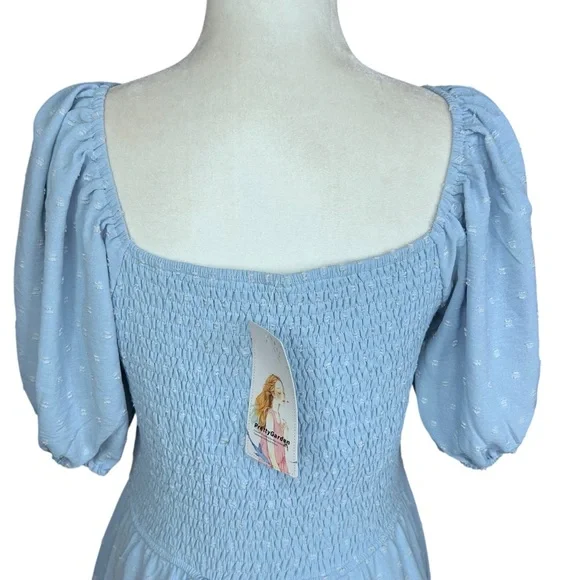 NEW PRETTY GARDEN L Maxi Dress Smocked Swiss Dot High Waist V Neck Tiered Blue - Picture 9 of 15